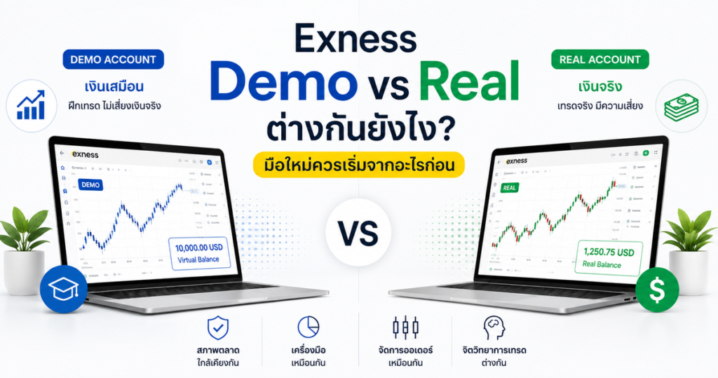 Exness Demo vs Real ต่างกันยังไง? มือใหม่ควรเริ่มจากอะไรก่อน