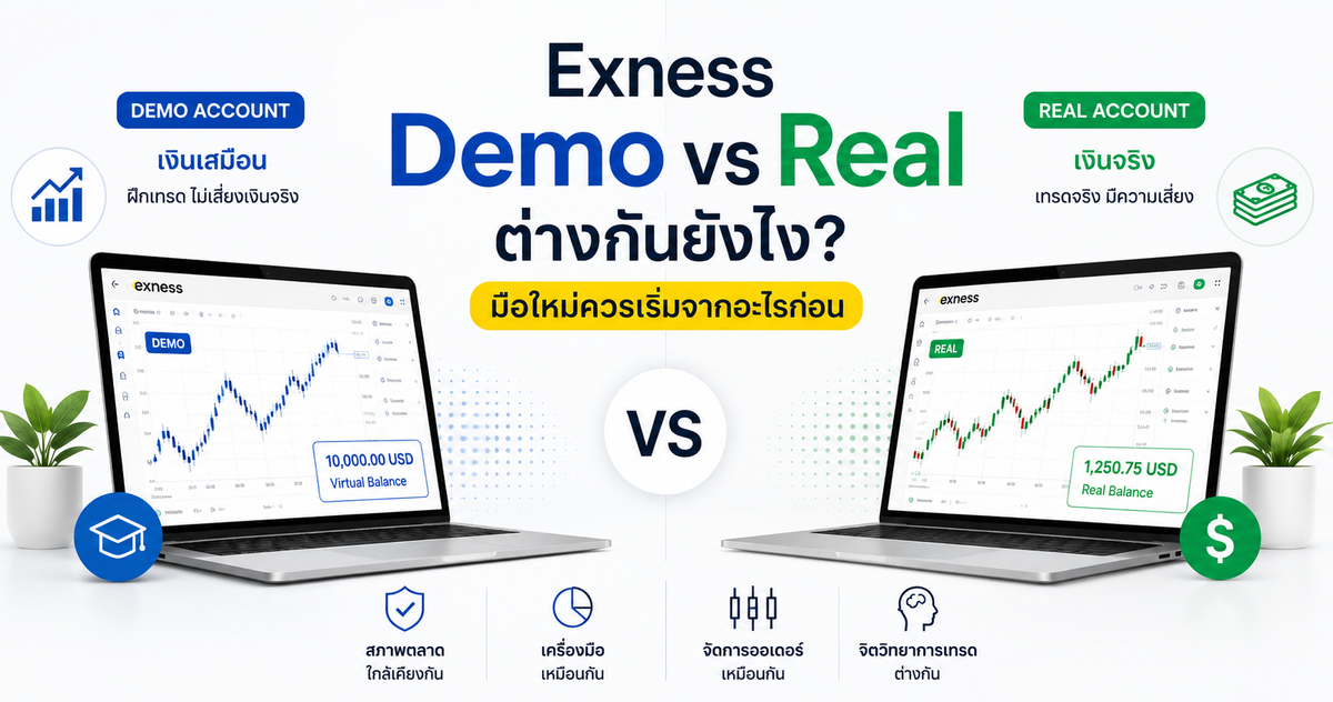 Exness Demo vs Real ต่างกันยังไง? มือใหม่ควรเริ่มจากอะไรก่อน
