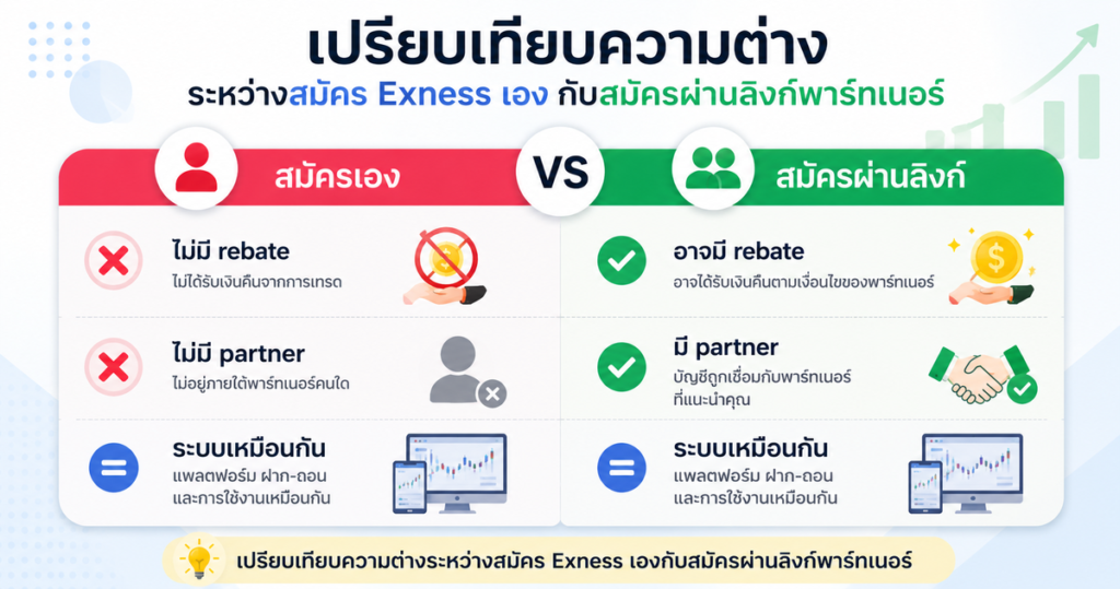 สมัคร Exness ผ่านลิงก์พาร์ทเนอร์ ต่างจากสมัครเองไหม? มือใหม่ควรรู้อะไรก่อนเปิดบัญชี 2 เปรียบเทียบความต่างระหว่างสมัคร Exness เองกับสมัครผ่านลิงก์พาร์ทเนอร์