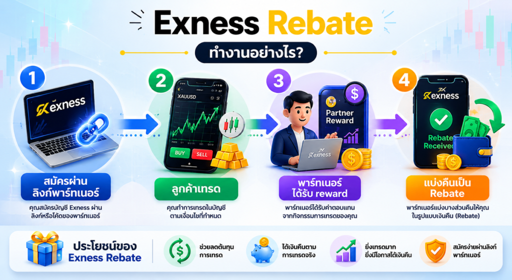 Exness Rebate คืออะไร? สมัครผ่านลิงก์แล้วได้เงินคืนยังไง มือใหม่ควรรู้อะไรบ้าง 2 ภาพรวมการทำงานของ Exness Rebate เมื่อสมัครผ่านลิงก์หรือโค้ดของพาร์ทเนอร์