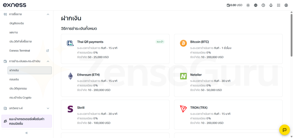 หน้าฝากเงิน แสดงช่องทางฝากเงิน ระยะเวลาดำเนินการ ค่าธรรมเนียม และวงเงินฝากของแต่ละวิธี