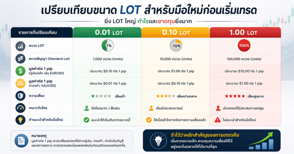Lot คืออะไรใน Exness? มือใหม่ควรรู้ก่อนเปิดออเดอร์แรก 3 Lot Size ยิ่งใหญ่ ความเสี่ยง ยิ่งสูง