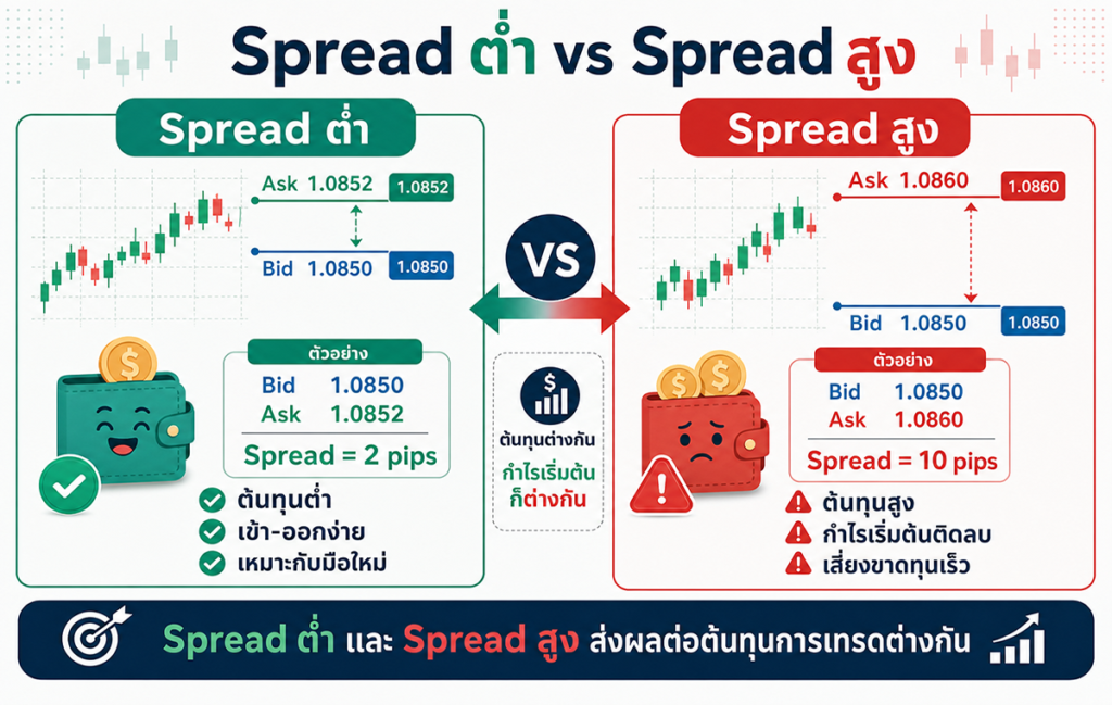 Spread ต่ำ และ Spread สูง ส่งผลต่อต้นทุนการเทรดต่างกัน